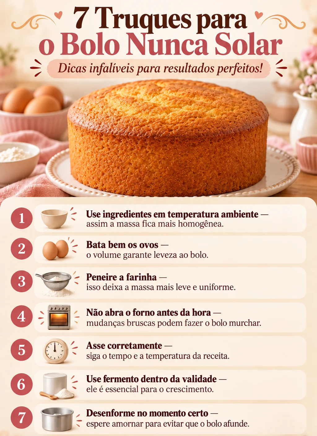 Infográfico com 7 truques para evitar bolo solado: ingredientes em temperatura ambiente, bater bem os ovos, peneirar a farinha, não abrir o forno antes da hora, assar corretamente, fermento na validade e desenformar no momento certo