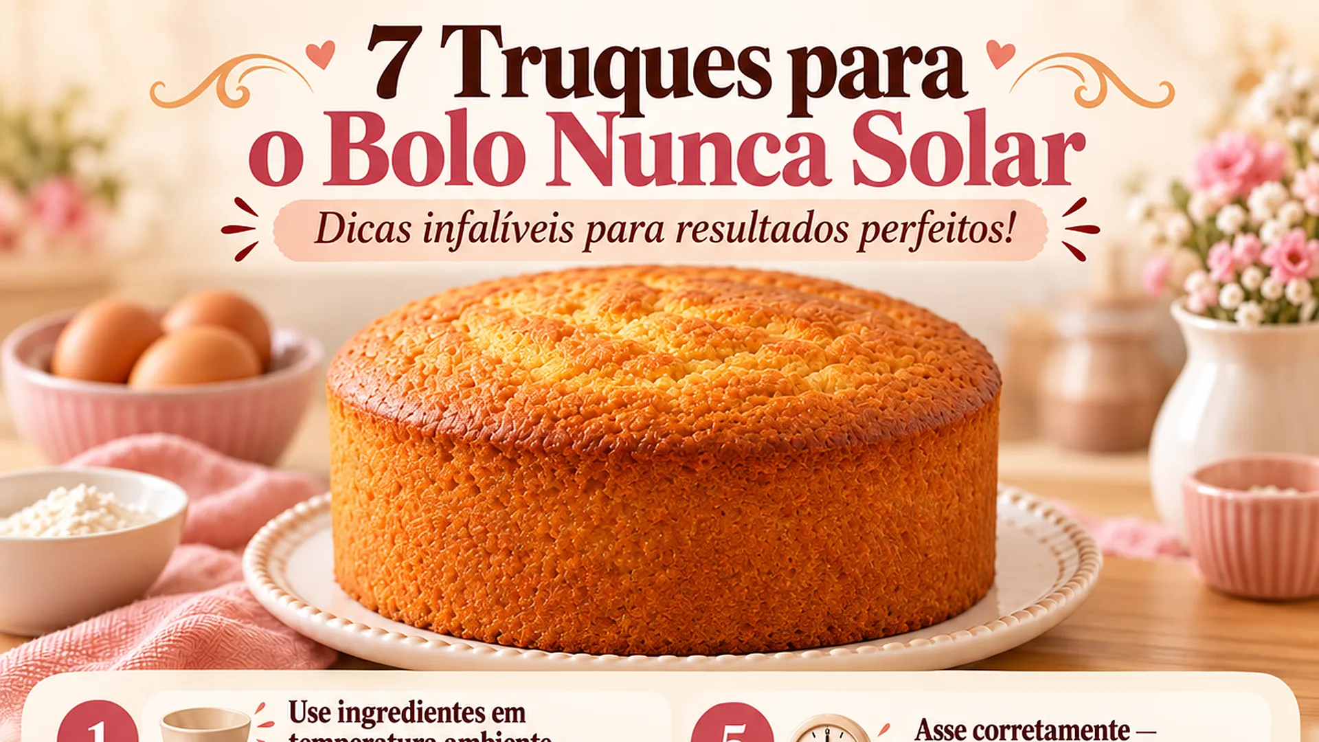 Bolo alto e fofinho em prato branco, ilustrando os 7 truques para evitar bolo solado