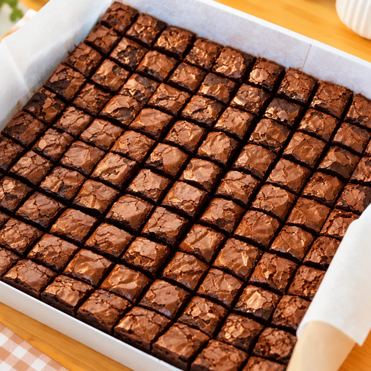 Caixa quadrada com brownie bites cortados em fileiras retas, vista de cima