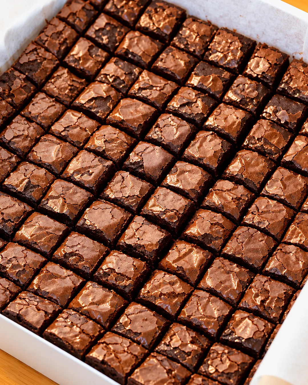 Brownie bites cortados em cubos de 2,5 cm, com casquinha brilhante e rachada, em caixa forrada com papel manteiga sobre mesa de madeira