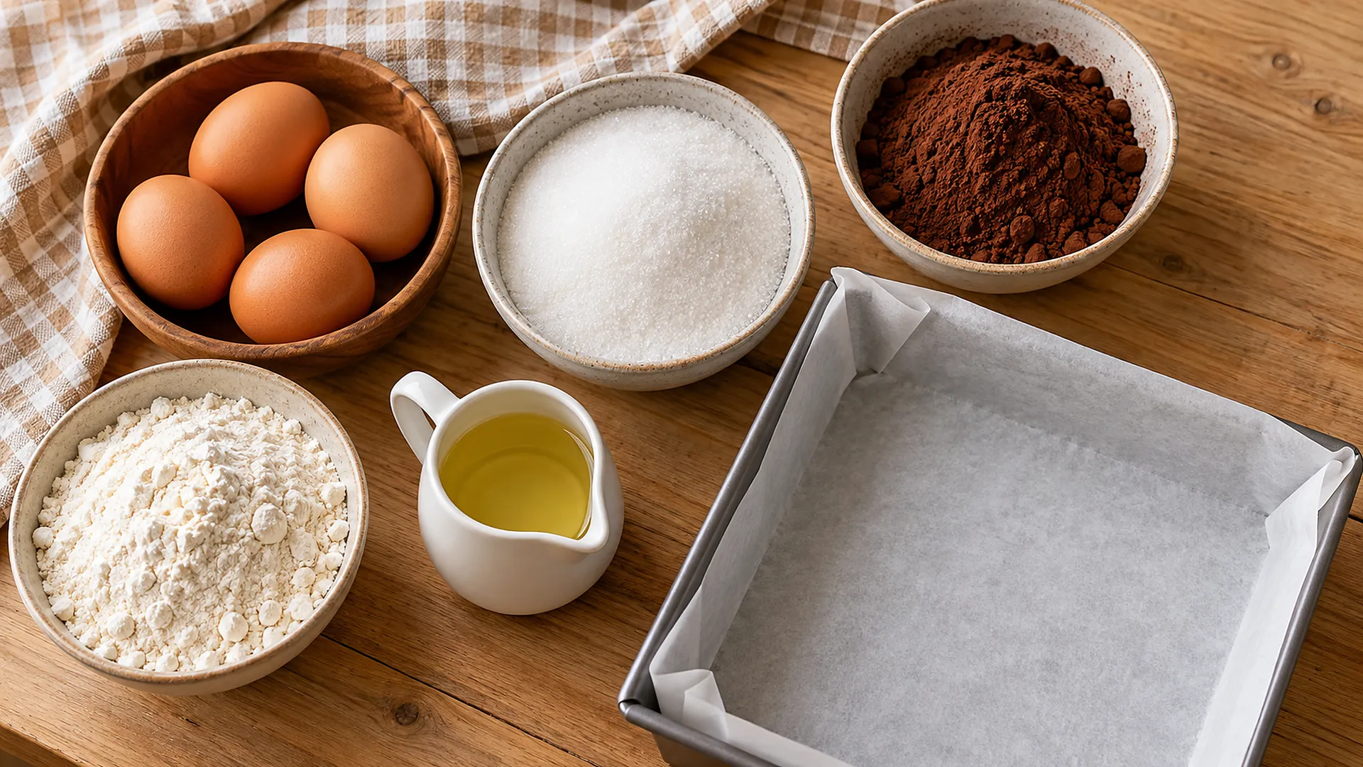 Ingredientes do brownie bites na bancada: ovos, açúcar, chocolate em pó, farinha de trigo, óleo e forma quadrada forrada com papel manteiga