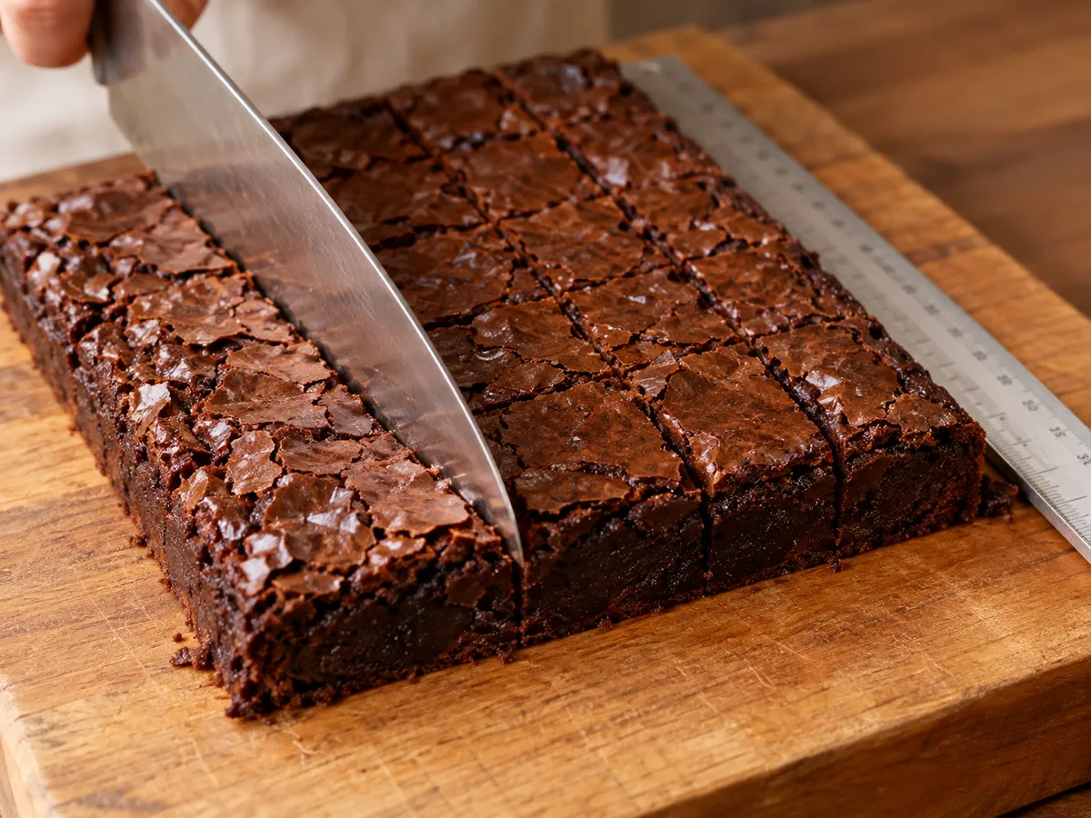 Faca grande e lisa cortando o bloco de brownie gelado ao lado de uma régua sobre tábua de madeira