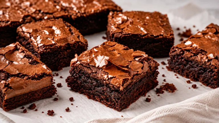 Pedaços de fudge brownie com casquinha craquelada sobre papel manteiga