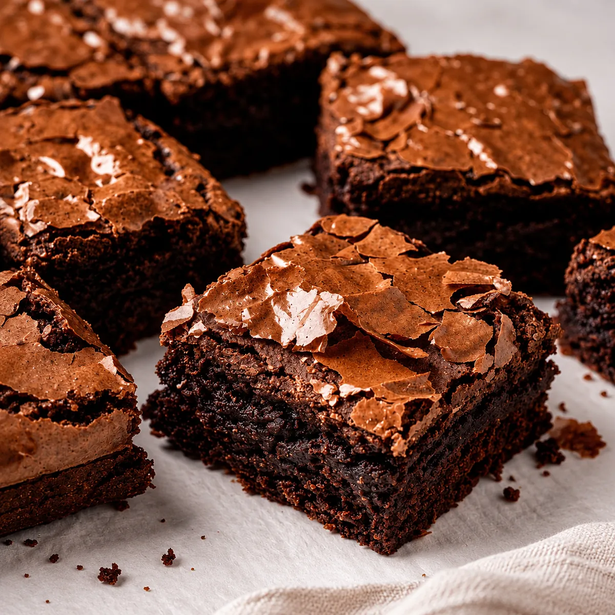 Pedaço de fudge brownie recheado com Nutella em destaque, com casquinha brilhante e craquelada