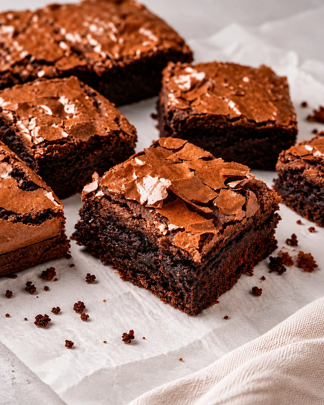 Quadrados de fudge brownie com casquinha craquelada e centro úmido sobre papel manteiga