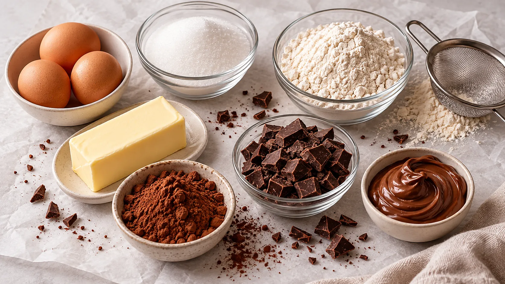 Ingredientes do brownie recheado com Nutella separados em potes sobre a bancada