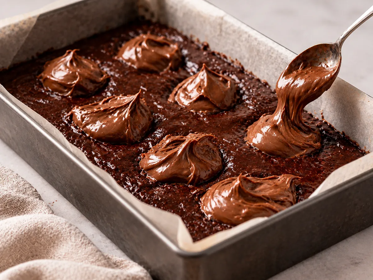 Colheradas de Nutella sendo distribuídas sobre a primeira camada de massa de brownie na forma