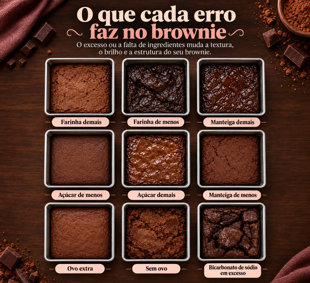 Infográfico com 9 erros ao fazer brownie: farinha demais e de menos, manteiga demais e de menos, açúcar de menos e demais, ovo extra, sem ovo e bicarbonato em excesso