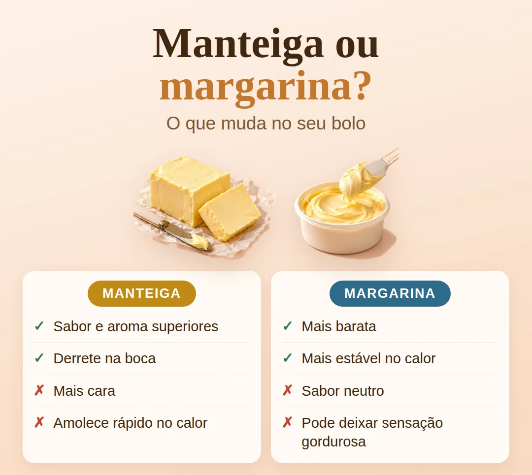 Comparativo de manteiga ou margarina no bolo: sabor, textura, preço e resistência ao calor de cada uma