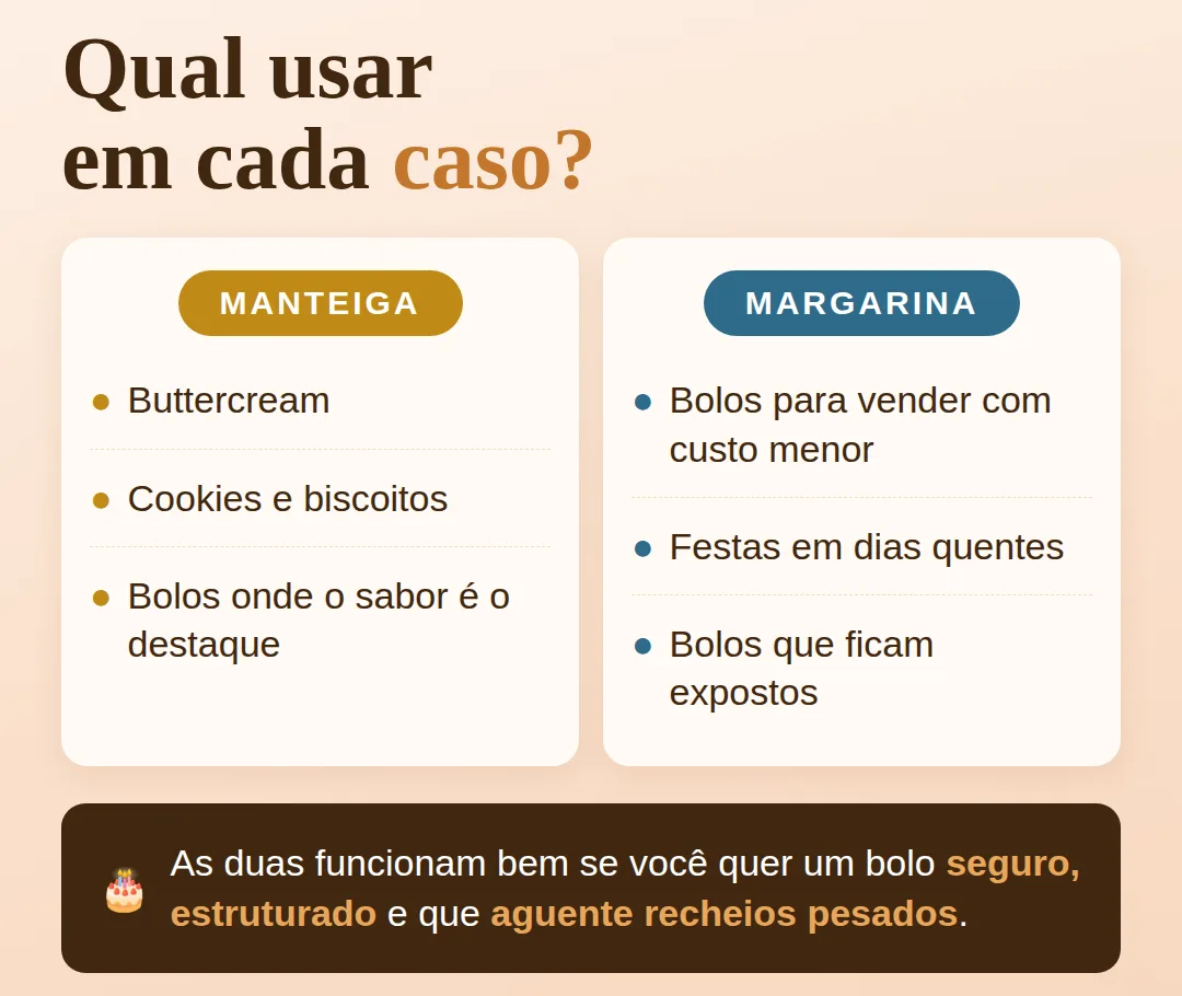 Quando usar manteiga ou margarina no bolo: buttercream, cookies, bolos para vender, dias quentes e bolos expostos