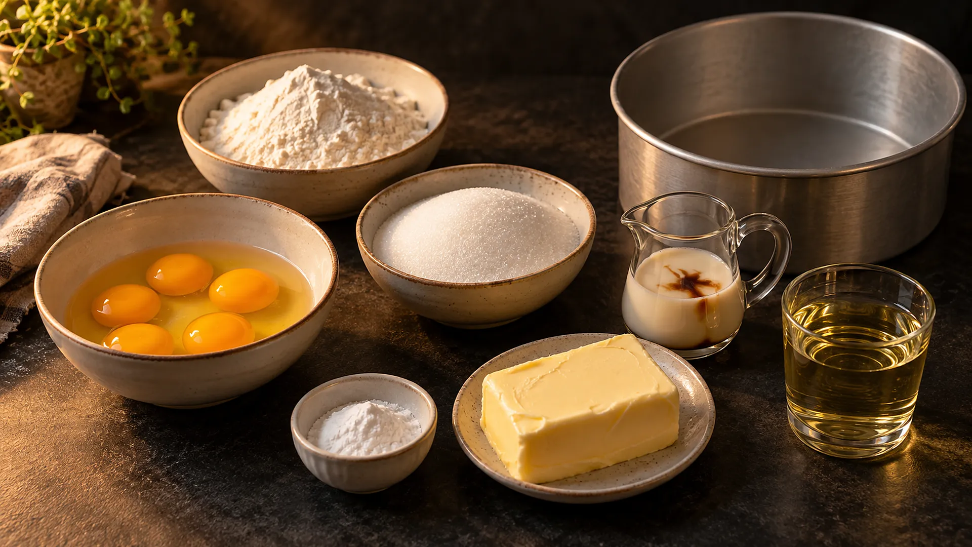 Ingredientes da massa amanteigada para recheio pesado: ovos, açúcar, farinha de trigo, manteiga, óleo, leite com baunilha, fermento e forma redonda alta