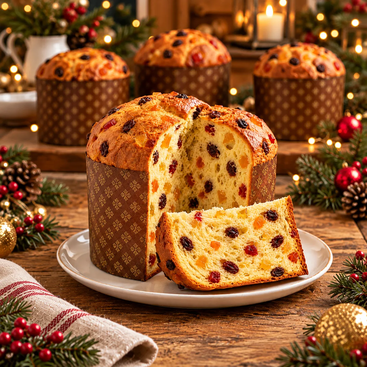 Panetone caseiro fofinho aberto mostrando o miolo amarelinho com frutas cristalizadas e uvas passas