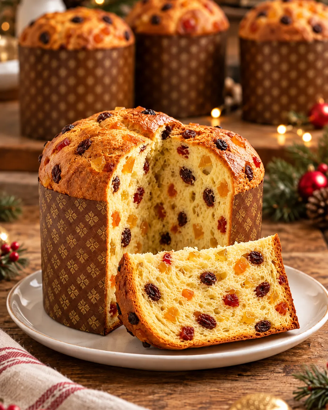 Panetone caseiro com frutas cristalizadas cortado em um prato, com outros panetones e luzes de Natal ao fundo