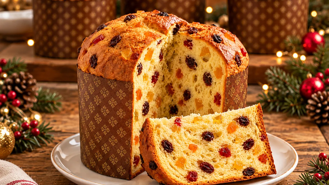 Panetone caseiro fofinho cortado, com frutas cristalizadas e uvas passas, ao lado de uma fatia no prato e decoração de Natal ao fundo