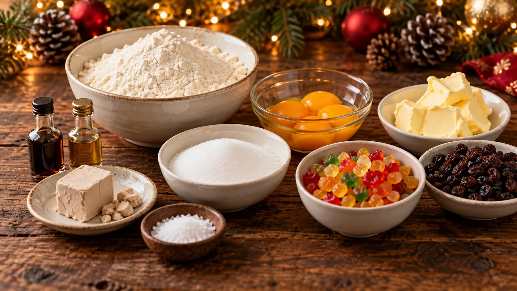 Ingredientes do panetone caseiro em potes sobre mesa de madeira: farinha, gemas, margarina, açúcar, fermento fresco, sal, essências, frutas cristalizadas e uvas passas