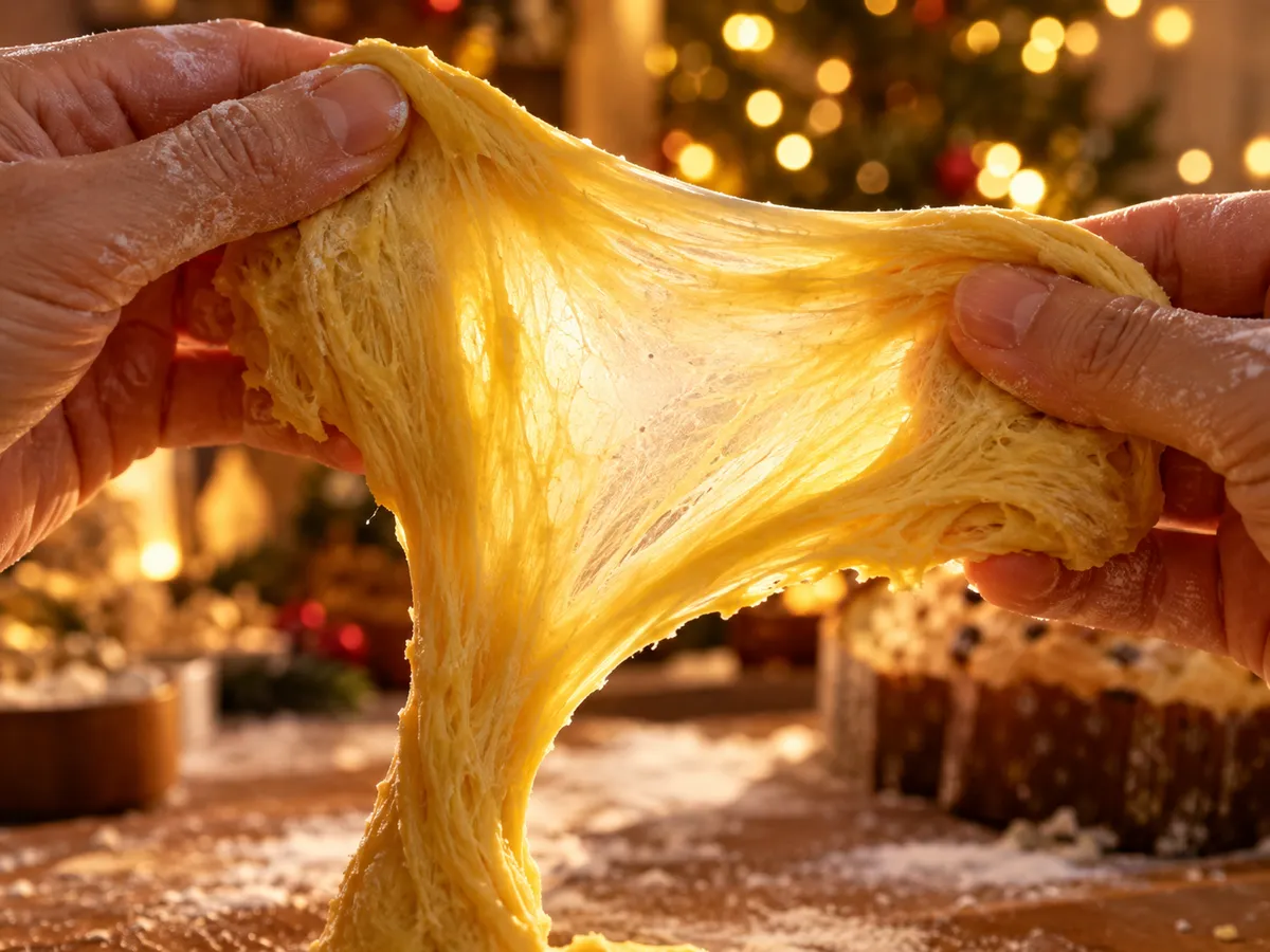 Mãos abrindo a massa de panetone contra a luz no ponto de véu, fina e elástica sem rasgar