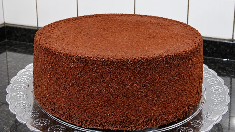 Pão de ló de chocolate para 30 pessoas, alto e redondo, sobre prato de vidro em bancada de granito