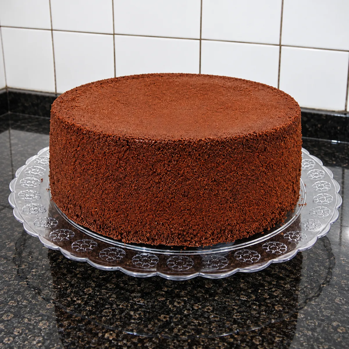 Pão de ló de chocolate para 30 pessoas, massa alta com casquinha de chocolate, sobre prato de vidro