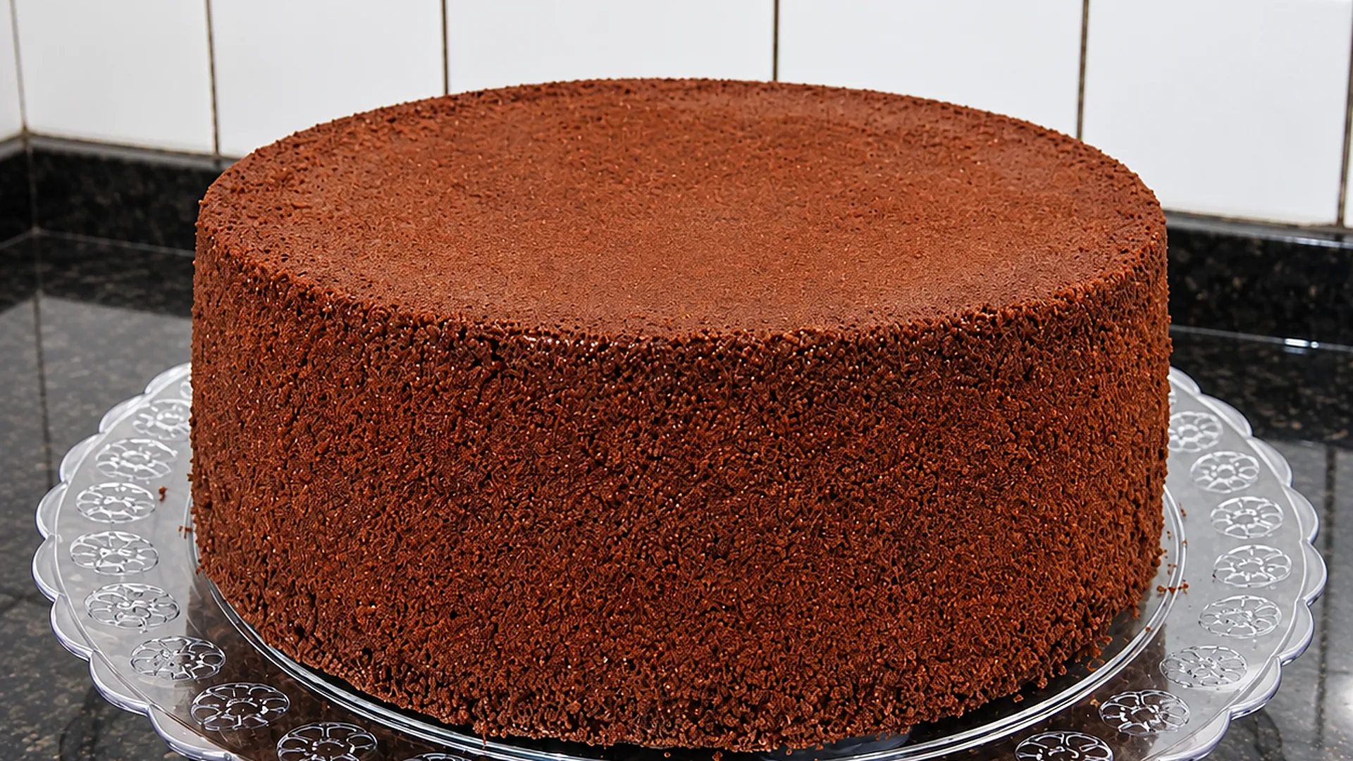 Pão de ló de chocolate para 30 pessoas, alto e redondo, sobre prato de vidro em bancada de granito