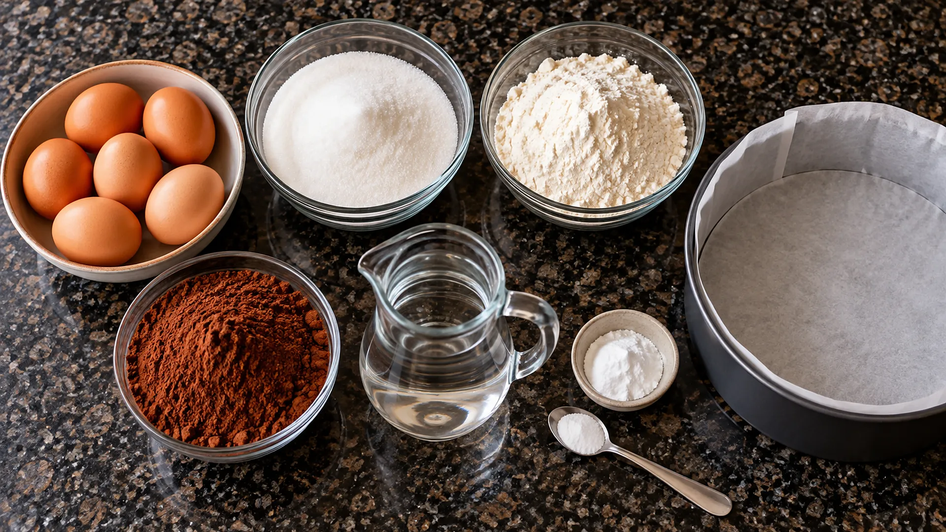 Ingredientes do pão de ló de chocolate na bancada: ovos, açúcar refinado, farinha de trigo, chocolate em pó, água, fermento e forma redonda forrada com papel manteiga