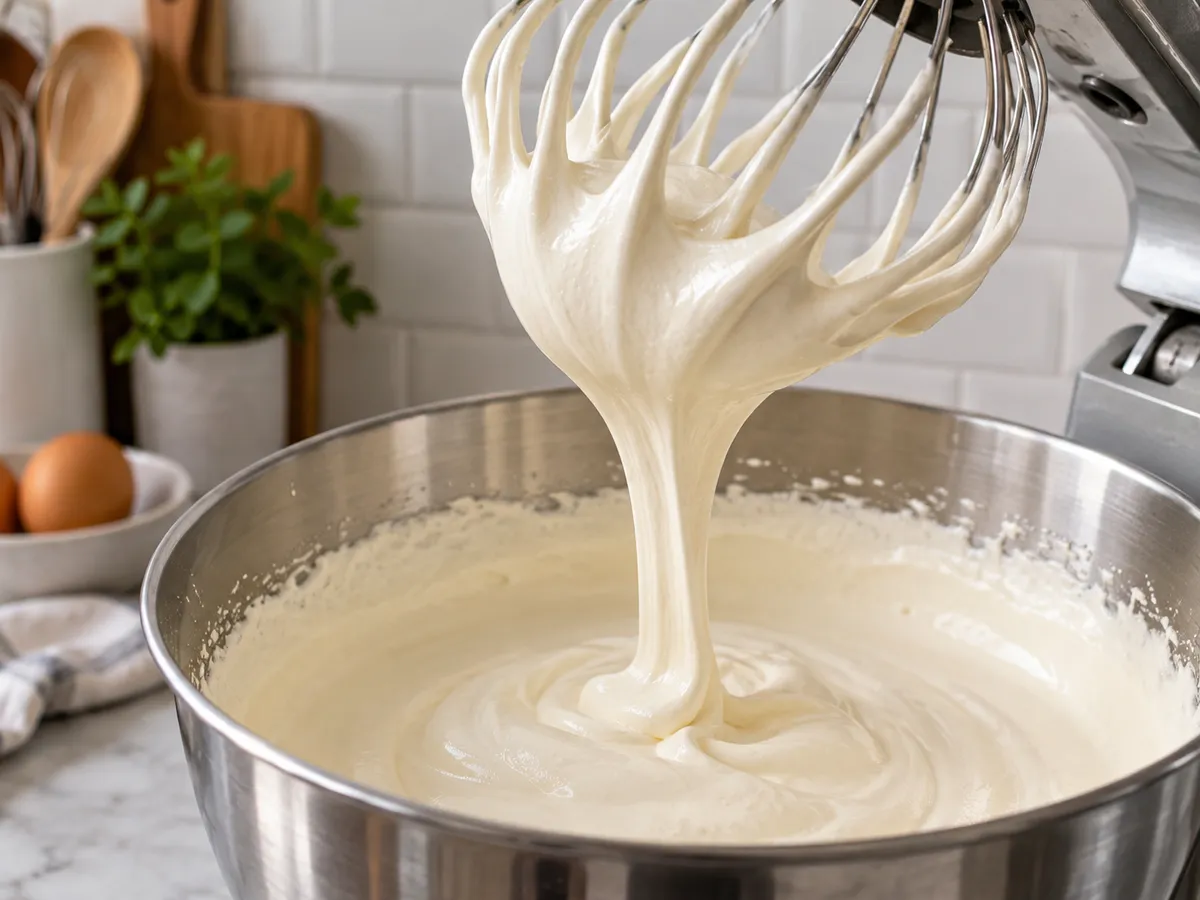 Creme de ovos e açúcar bem branco escorrendo em fita do batedor da batedeira, ponto certo do pão de ló