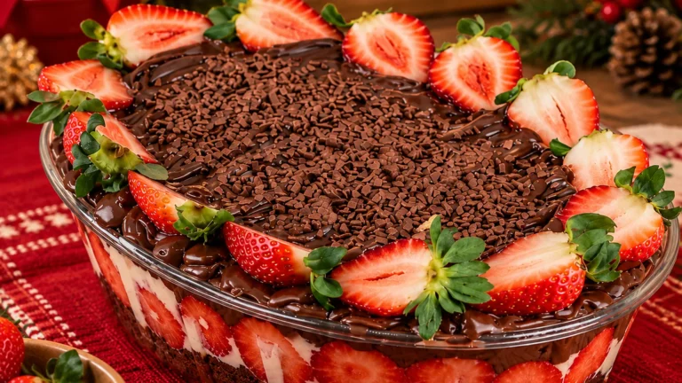 Pavê de morango com ganache, granulado e morangos inteiros em travessa de vidro, sobre mesa de Natal