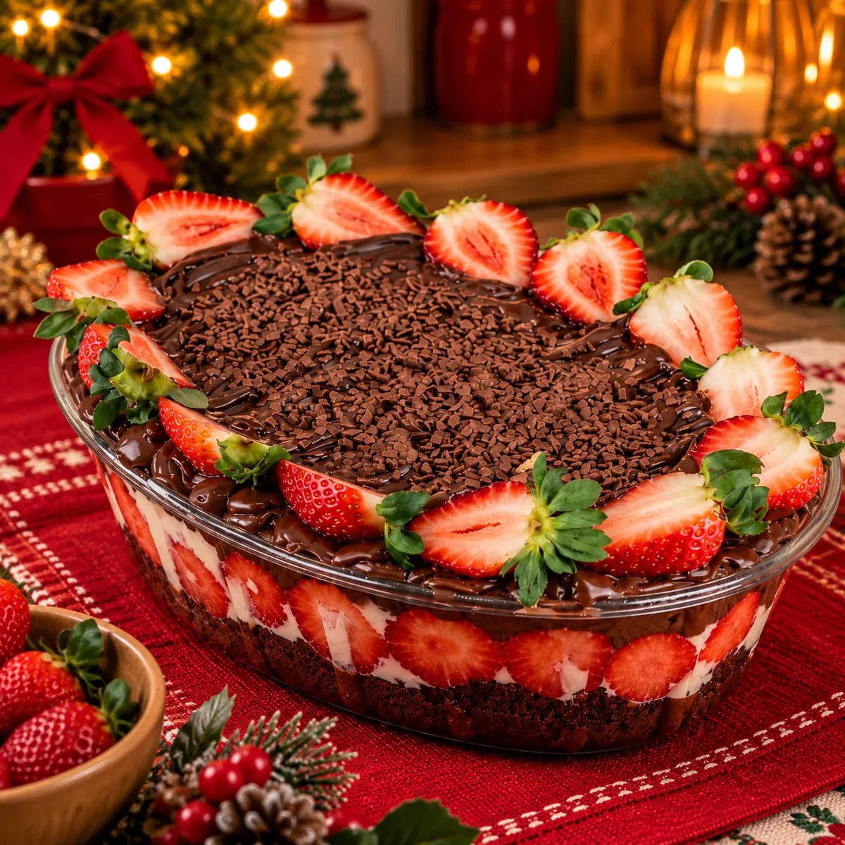 Pavê de morango com creme de Ninho, ganache de chocolate e morangos, em travessa de vidro