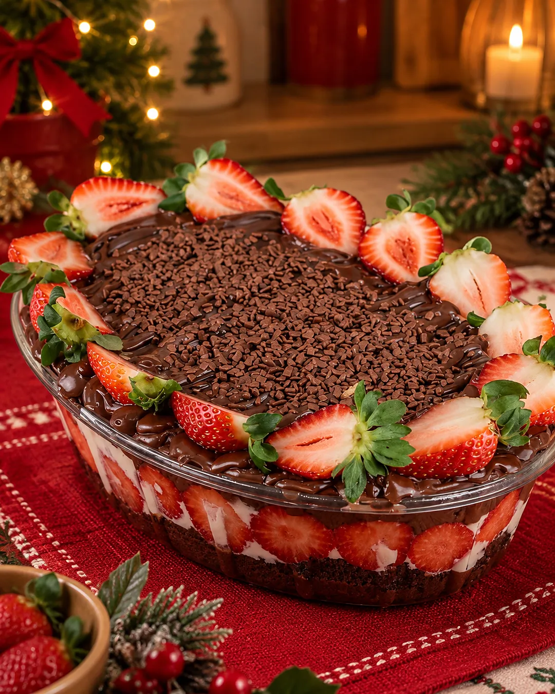 Pavê de morango para vender com camadas de creme de Ninho e morangos encostados no vidro, em mesa decorada para o Natal