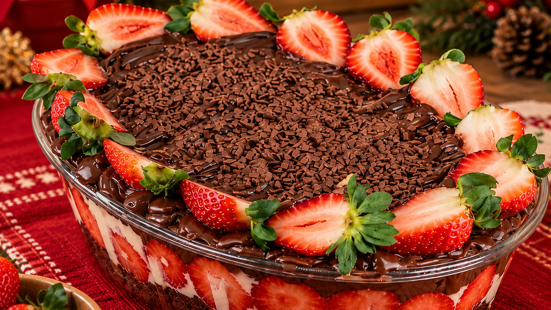 Pavê de morango com ganache, granulado e morangos inteiros em travessa de vidro, sobre mesa de Natal