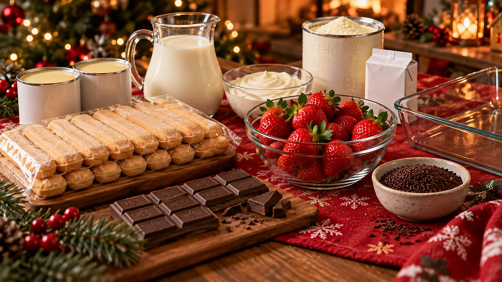 Ingredientes do pavê de morango: leite condensado, leite, creme de leite, leite em pó, biscoito champanhe, morangos, chocolate meio amargo, granulado e refratário de vidro