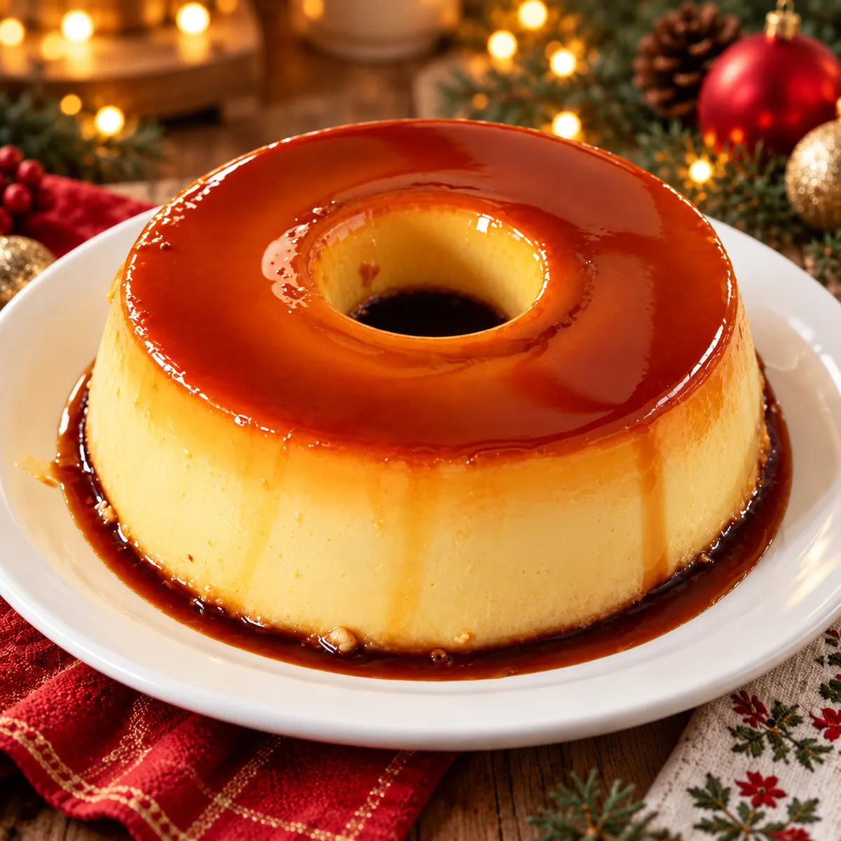 Pudim de leite sem furinhos inteiro, com calda de caramelo brilhante, em prato branco