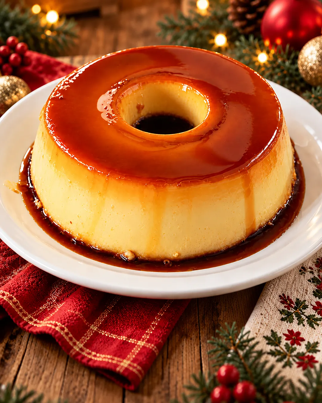 Pudim de leite cremoso e lisinho com calda de caramelo escorrendo, em mesa de Natal com luzes e enfeites