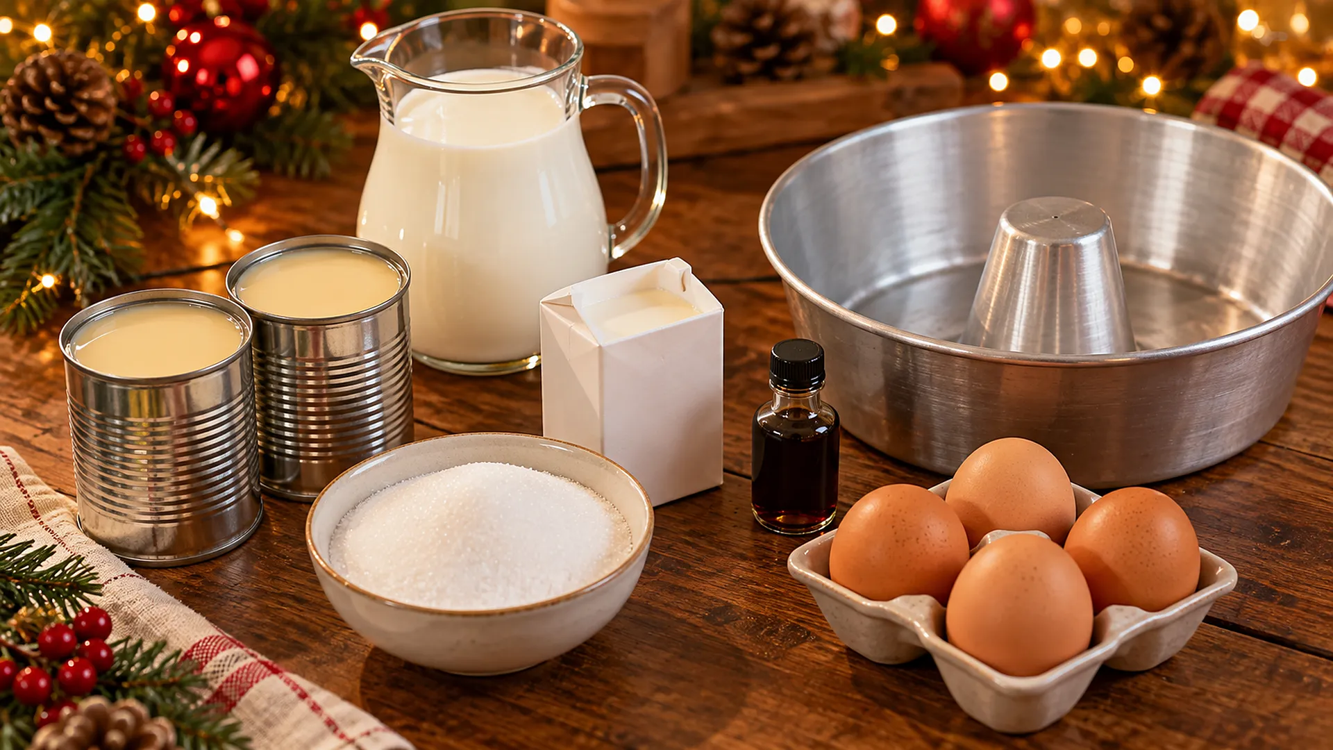 Ingredientes do pudim de leite na mesa de Natal: latas de leite condensado, leite, creme de leite, ovos, açúcar, essência de baunilha e forma com furo