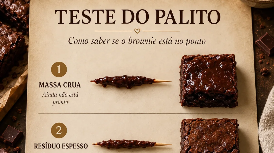 Teste do palito no brownie: palito com massa crua ao lado de um pedaço de brownie ainda mole