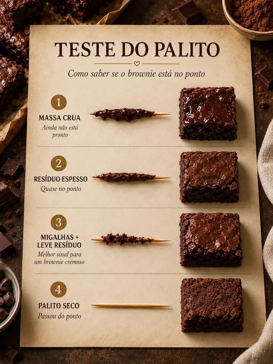 Infográfico do teste do palito mostrando como saber se o brownie está pronto: massa crua, resíduo espesso, migalhas com leve resíduo e palito seco
